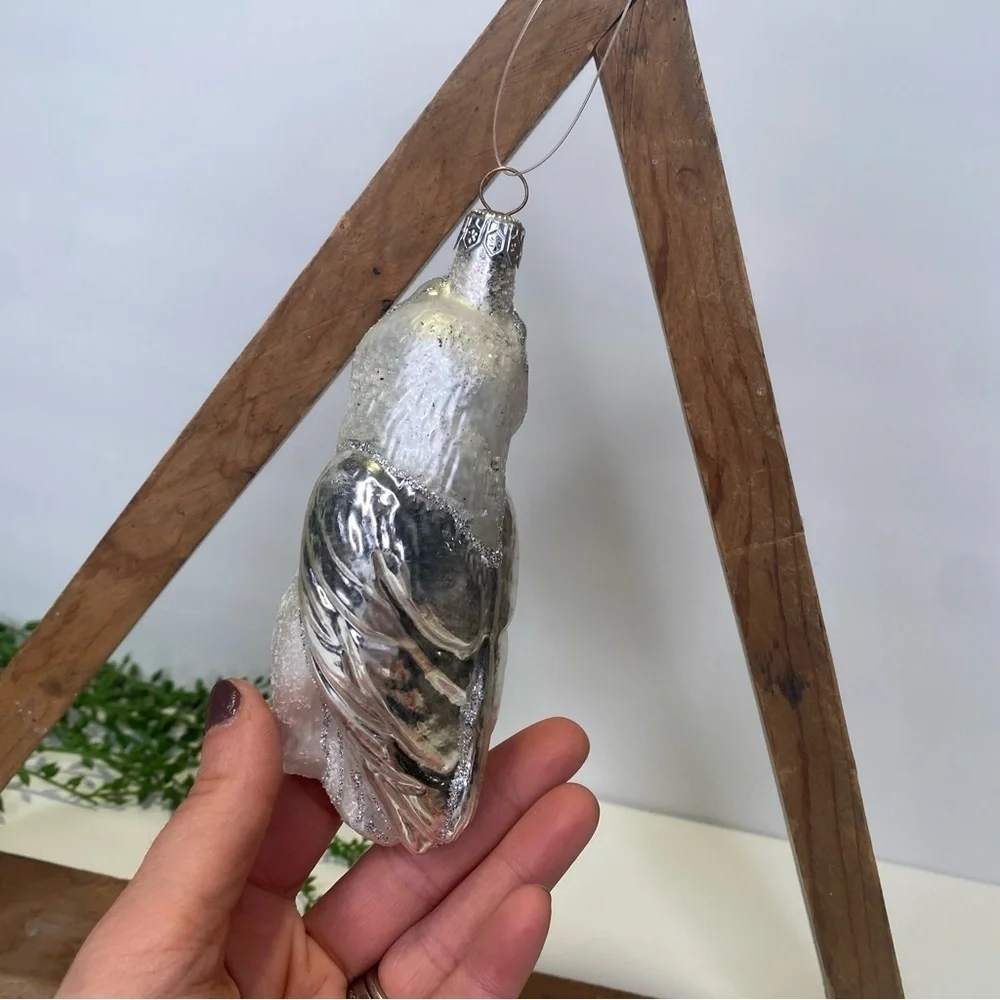 Hand Blown Glass Frosted White & Silver Owl Christmas Ornament